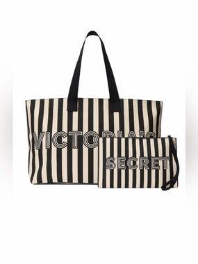 Victoria’s Secret Canvas Stripe Black Cream Tote Bag & Wristlet Set NWT